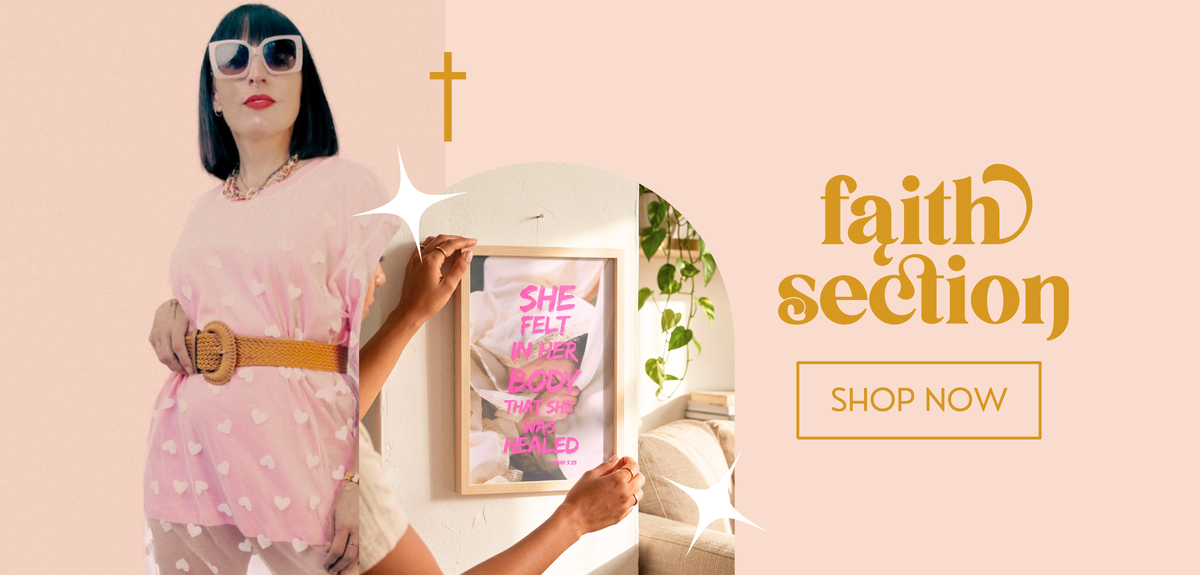 A promotional banner with a model wearing a pink heart-patterned dress and sunglasses on the left, and a framed art print being held up on the right. The background is a solid pale peach-pink with the text 'faith section' and a 'SHOP NOW' button.
