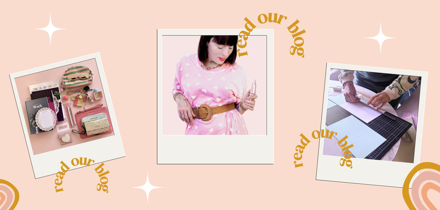 A promotional collage on a light peach background with three Polaroid-style photo frames and gold decorative text reading 'read our blog.' The center frame shows a woman in a pink outfit holding a phone; the left frame shows a styled desk with cosmetics and accessories; the right frame shows hands working at a desk.