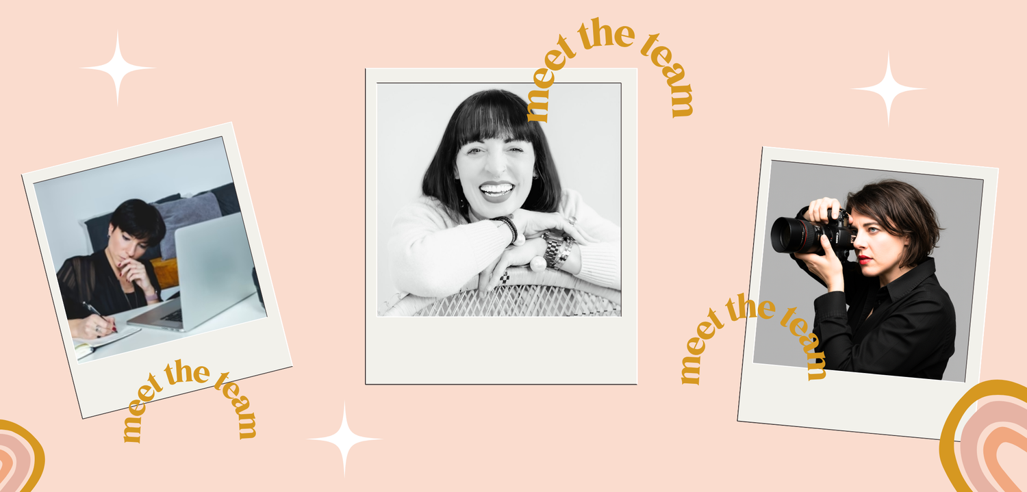 A promotional graphic with three polaroid-style photos on a peach background. The center photo shows a smiling woman in black-and-white, flanked by two color photos of a woman working and holding a camera.