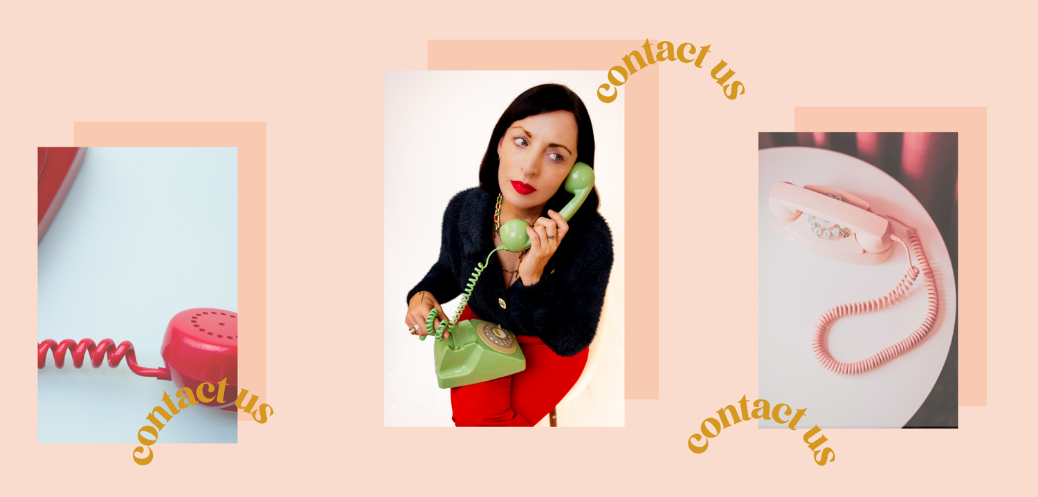 A retro-themed collage with three panels: a pink rotary phone on the left, a woman holding a green rotary phone and carrying a green handbag in the center, and a pink corded telephone receiver on a white plate on the right. The words 'contact us' appear in gold script around the panels on a peach background.
