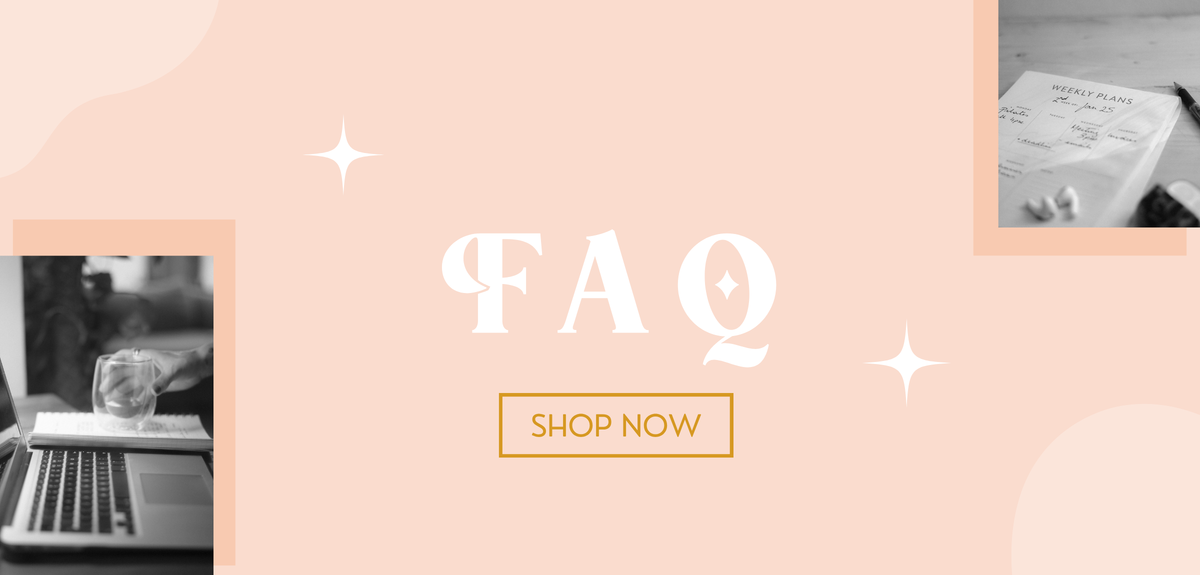 A promotional FAQ graphic with the large text 'FAQ' in white, a 'SHOP NOW' button below, and two small black-and-white inset photos showing desk scenes. The background is a soft peach-pink with abstract curved shapes and sparkles.