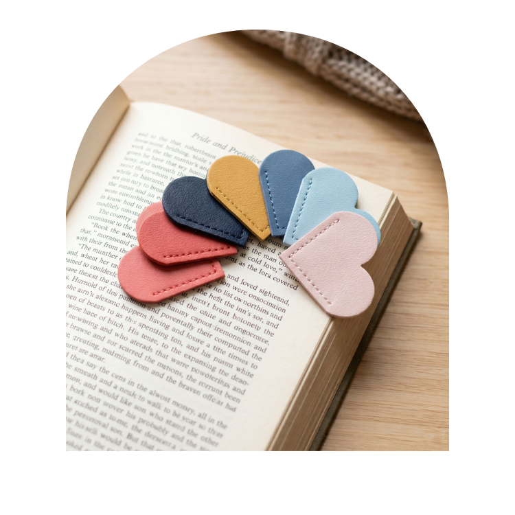 Six heart-shaped leather bookmarks in assorted pastel and neutral colors are arranged on an open book. The bookmarks include pink, light pink, light blue, blue, mustard yellow, and navy blue.