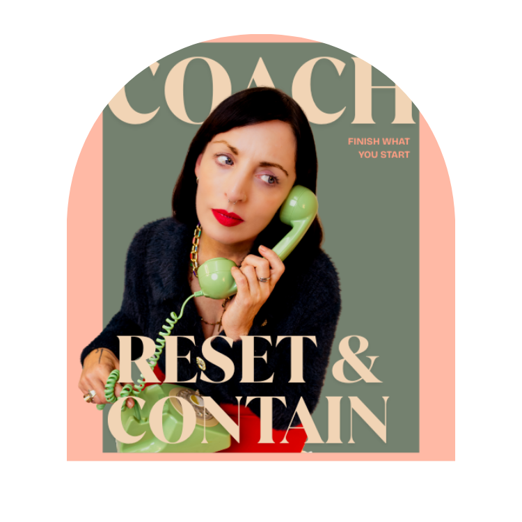 A stylized magazine-cover-style graphic with an arched border. A woman with dark hair, red lipstick, and a dark fuzzy top holds a light green rotary telephone.
