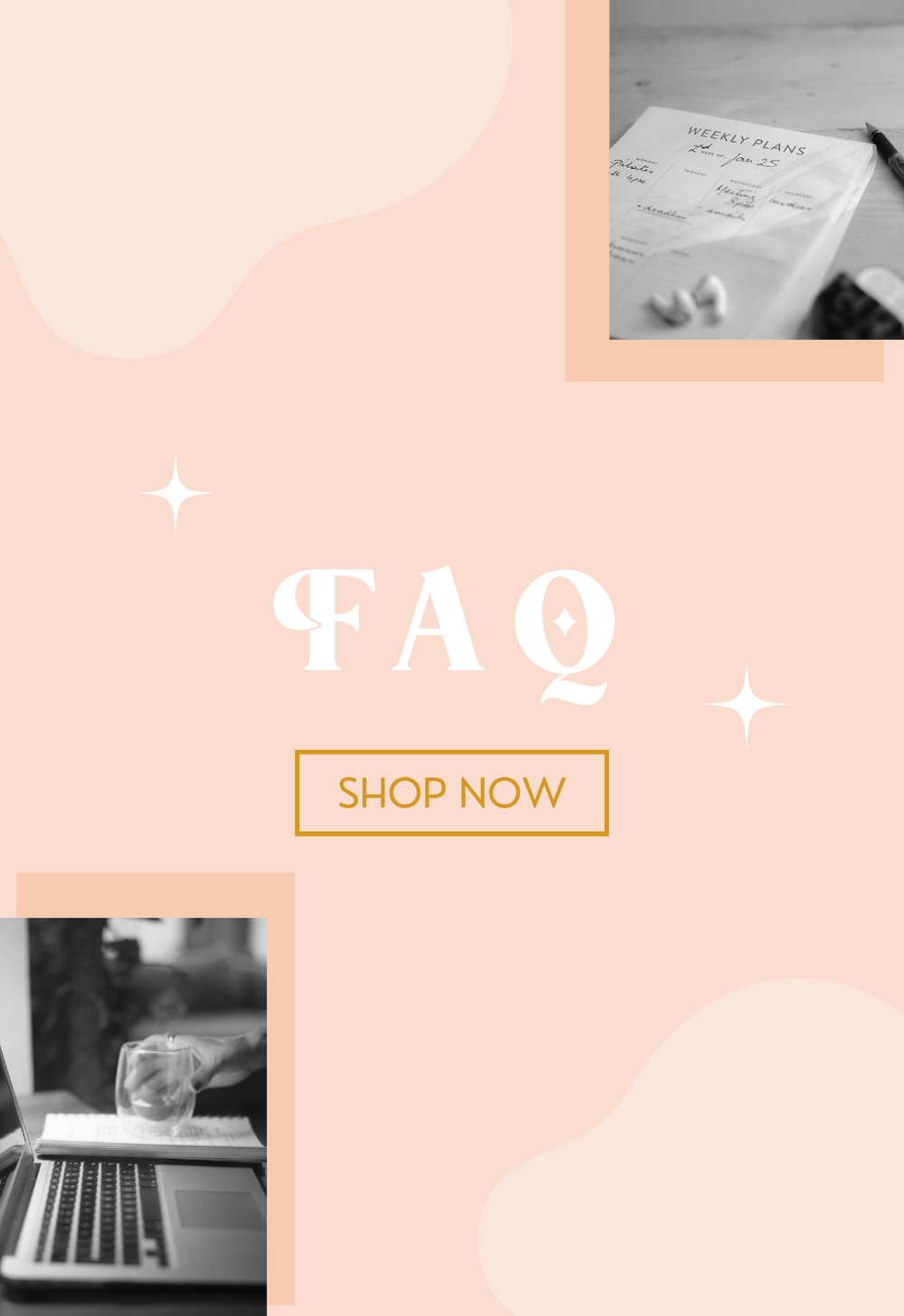 A peach-colored FAQ promotional graphic with abstract shapes, a 'FAQ' title in white, a 'SHOP NOW' button, and two small black-and-white inset photos showing a notebook and a laptop.