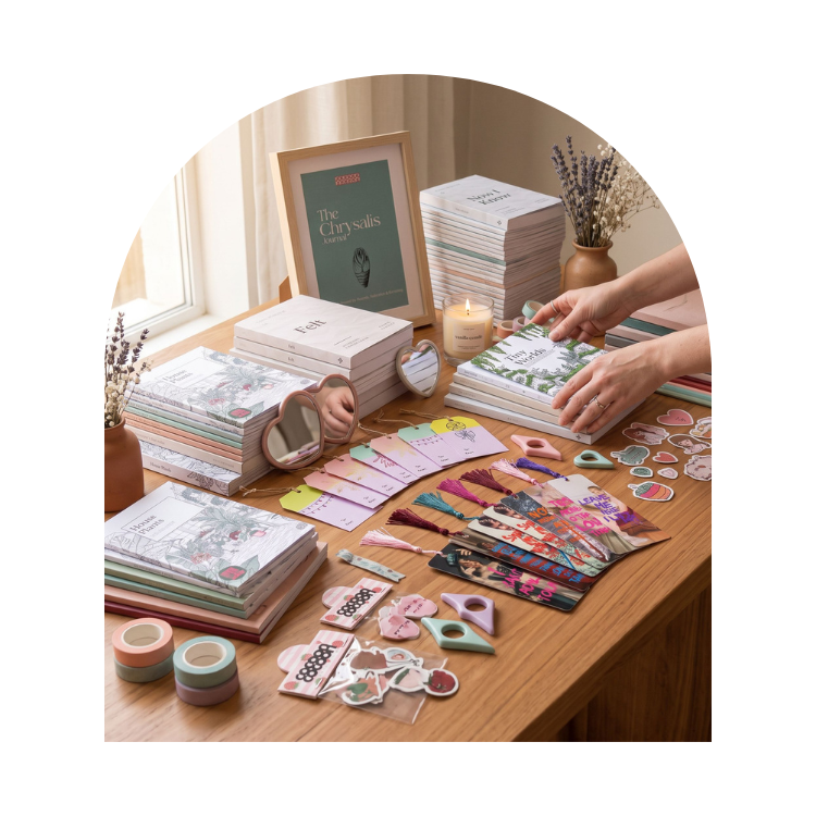 A styled tabletop display of stationery and book-like paper goods in soft pastel colors, with hands arranging stacks of printed cards, stickers, washi tape rolls, and a framed print on a wooden table in a warm indoor setting.