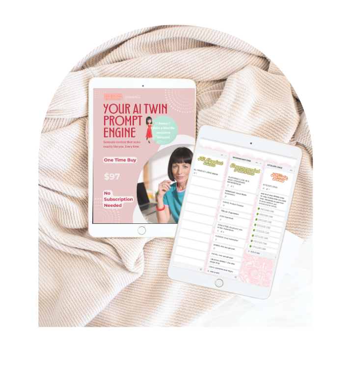 Two white tablets displaying digital prompt-engineering guides and templates, arranged on a soft beige knit blanket against a white background.