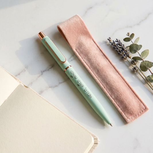 Hello, Wild Mind Gel Pen. Smooth Black Ink. Velveteen sleeve.