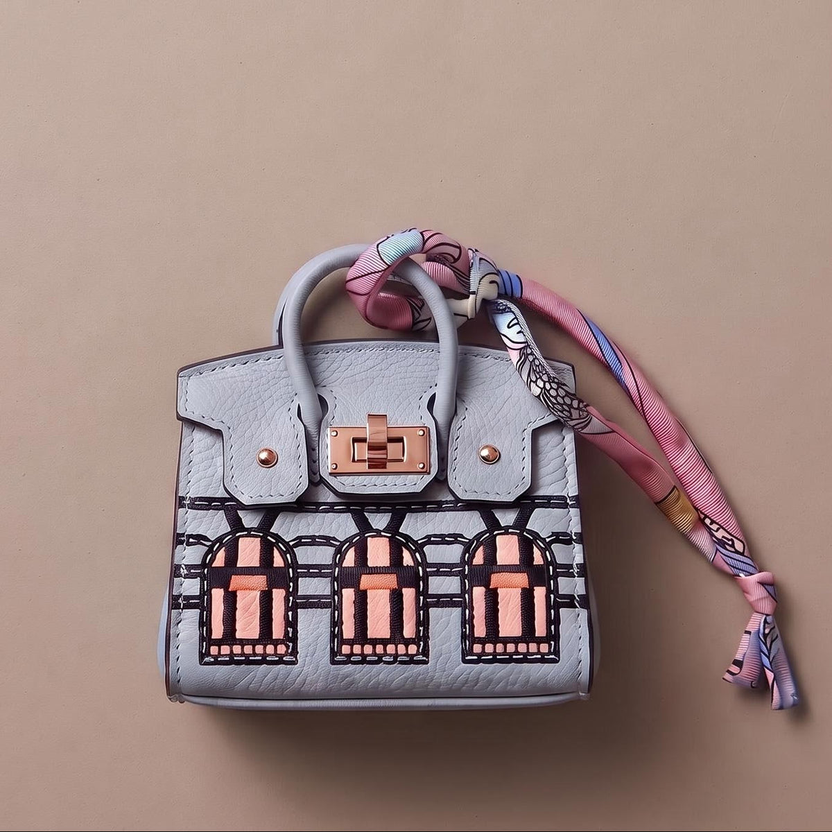 A miniature light gray faux-leather handbag with a pink and black architectural pattern on the front, featuring a pink patterned silk scarf tied to its handle, set against a solid beige background.