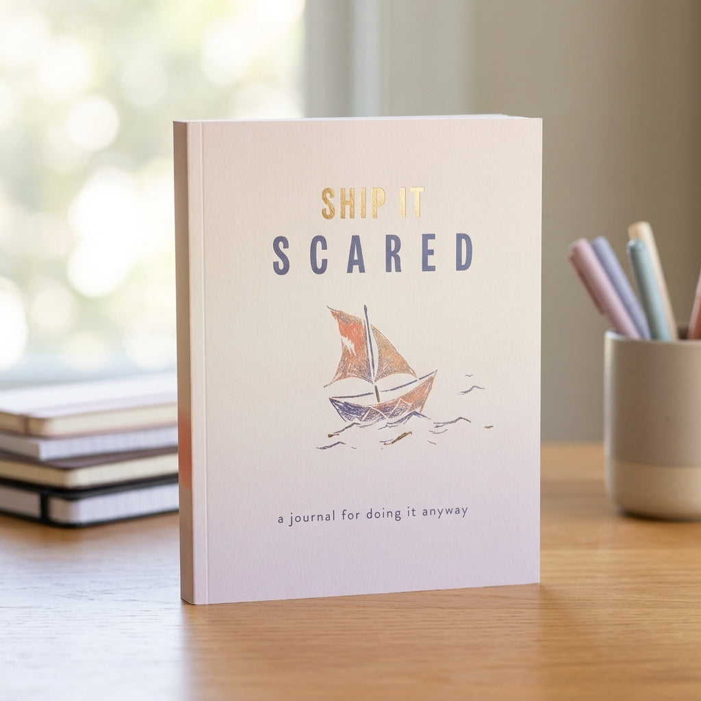 Journal titled 'Ship It Scared' on a table with a blurred background