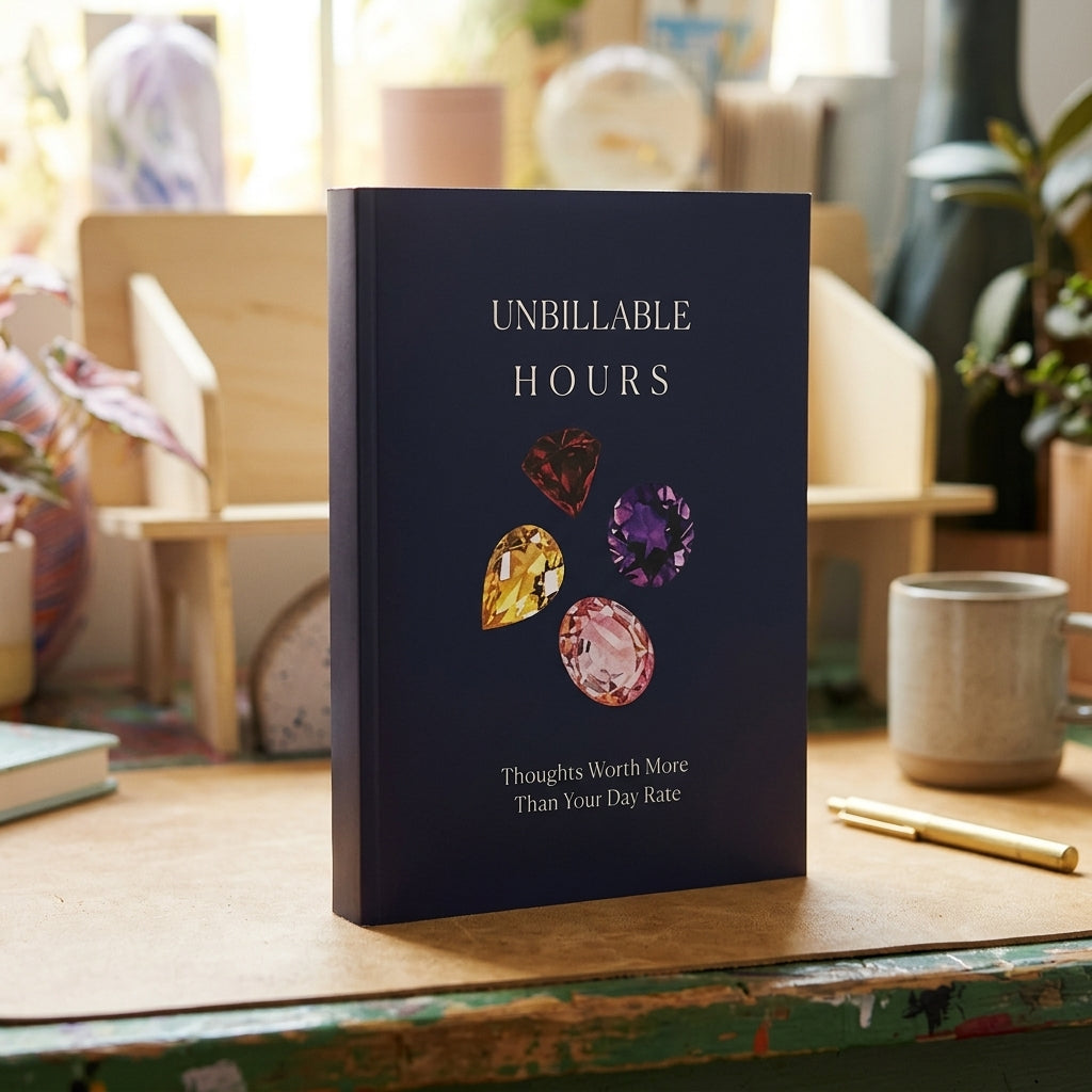 Book titled 'Unbillable Hours' with gemstone illustrations on a desk.
