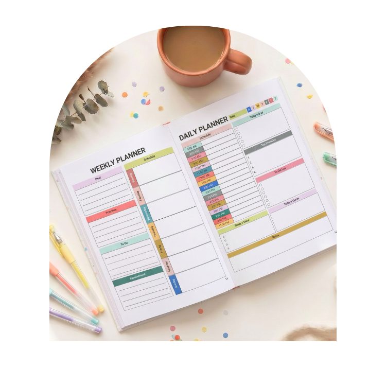 An open planner showing a weekly planner and daily planner layout with pastel-colored sections, styled on a light beige surface with a coffee mug, pens, and confetti.